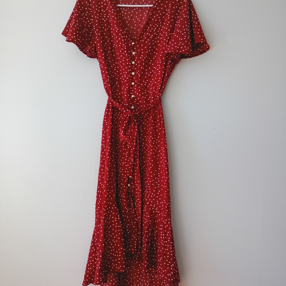 Elegant Red Polka Dot Midi Dress | Size S